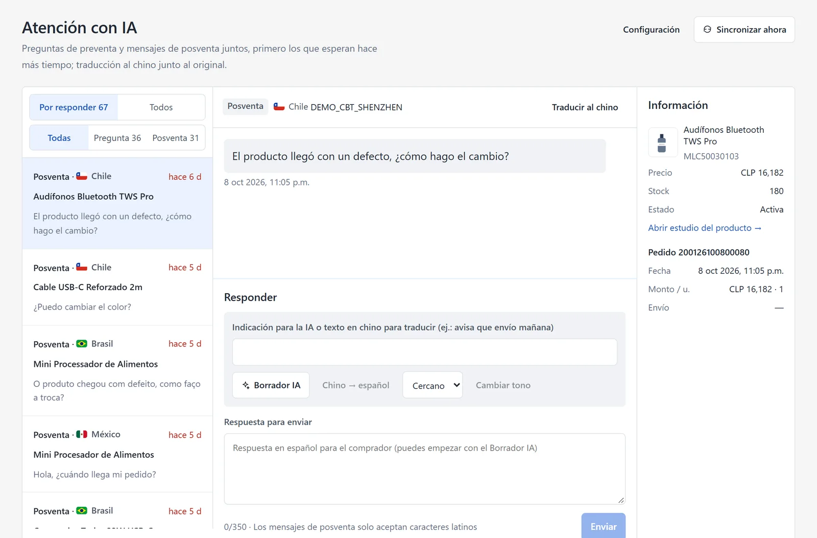 Pantalla real de atención con IA con conversaciones pendientes y acceso a respuestas